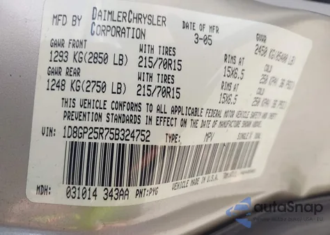 2005 Dodge Caravan Se из США, поврежденный, VIN 1D8GP25R75B324752